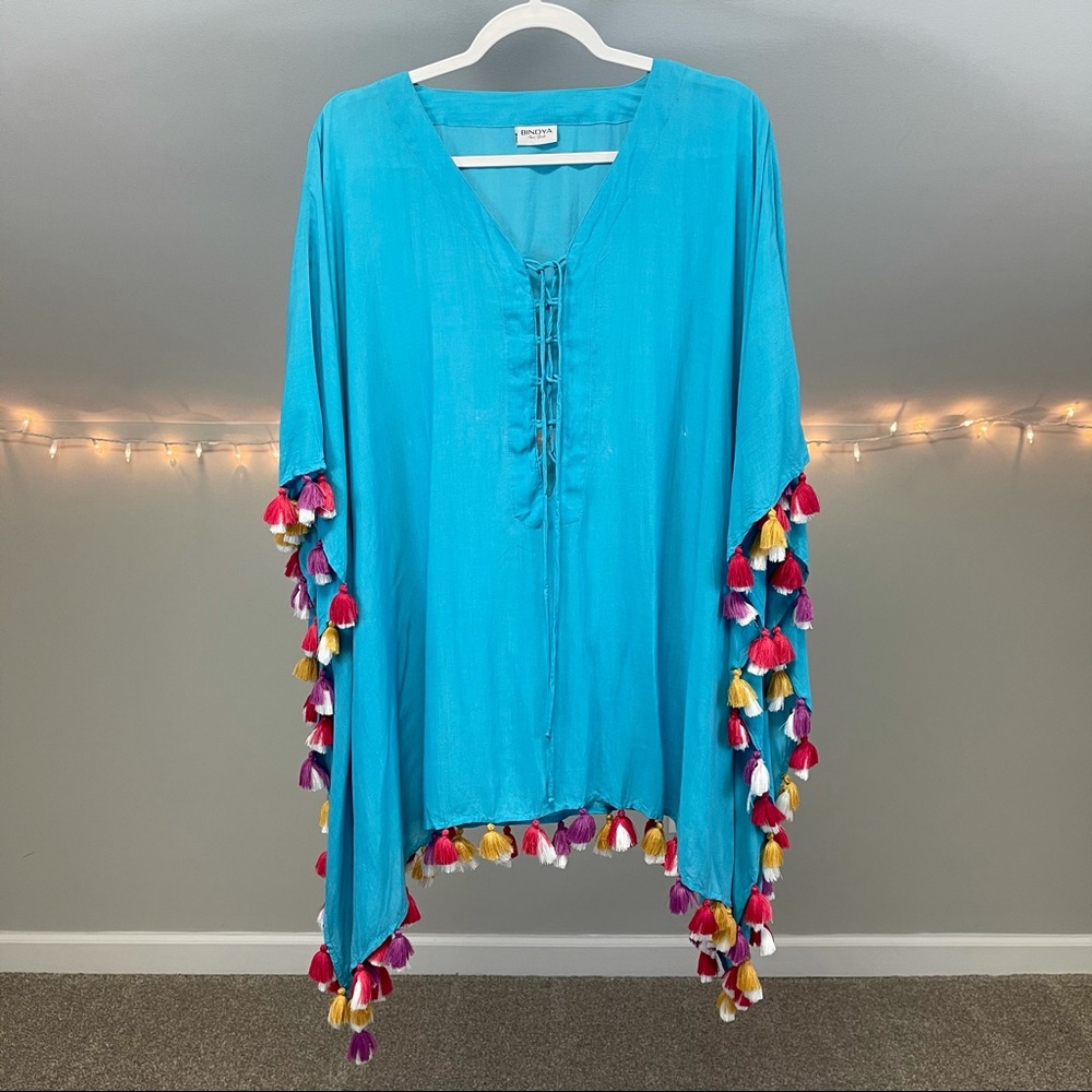 Bindya Blue Tassel Tie Up Cover Up